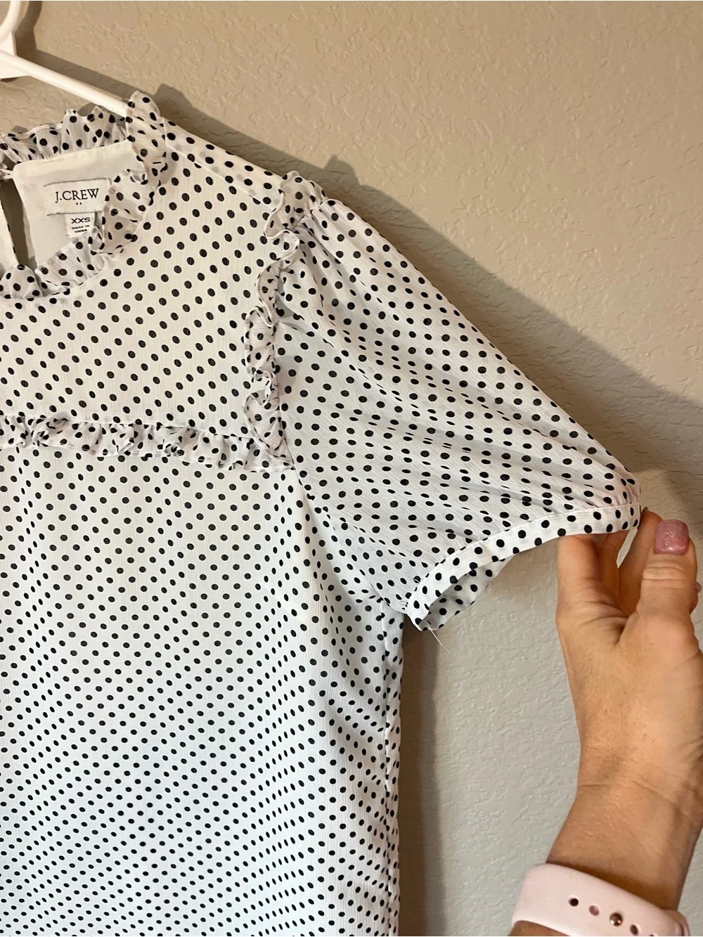J.Crew XXS Polka Dot Ruffle Blouse Puff Sleeve White Black Preppy Office